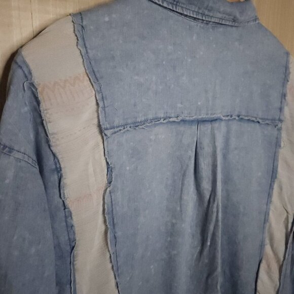 Gimmiks Boho Distressed Mixed Material Oversized Button Down Medium - Picture 3 of 9
